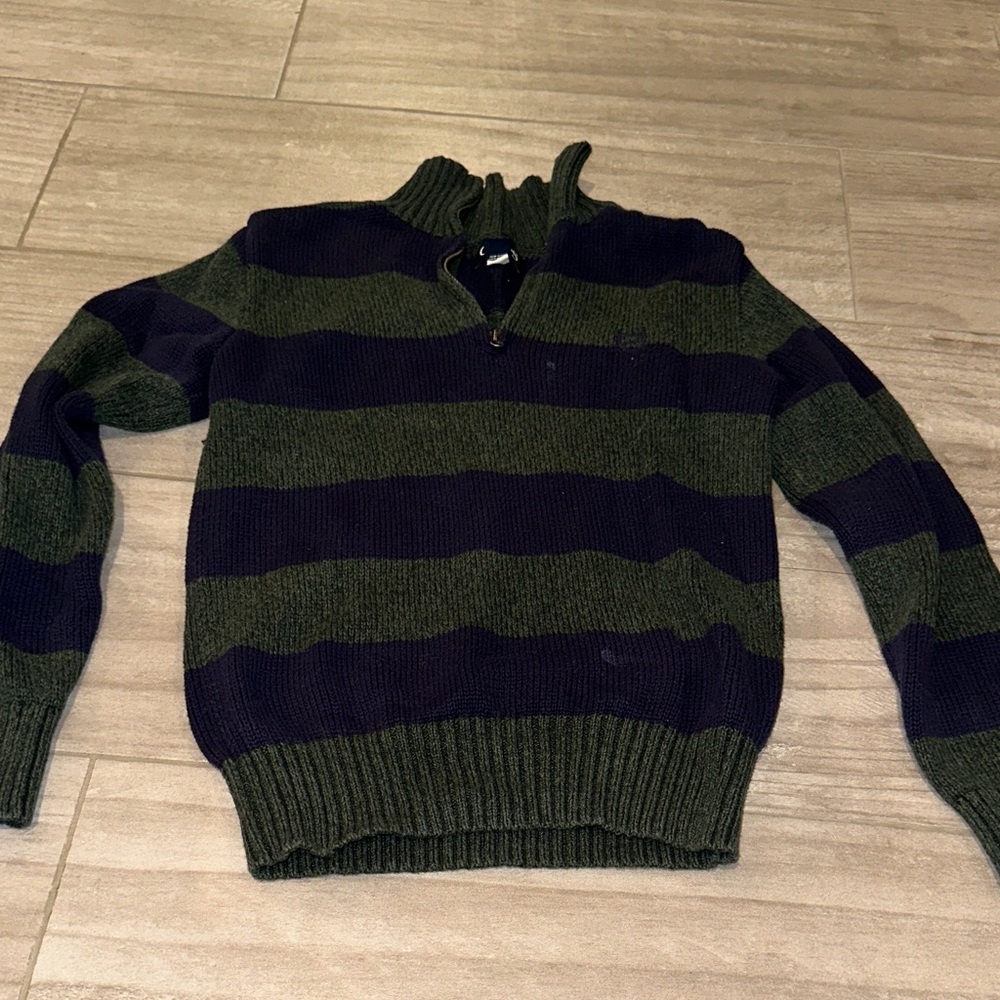 Chaps Zip-Up Sweater in Green and Navy Stripes